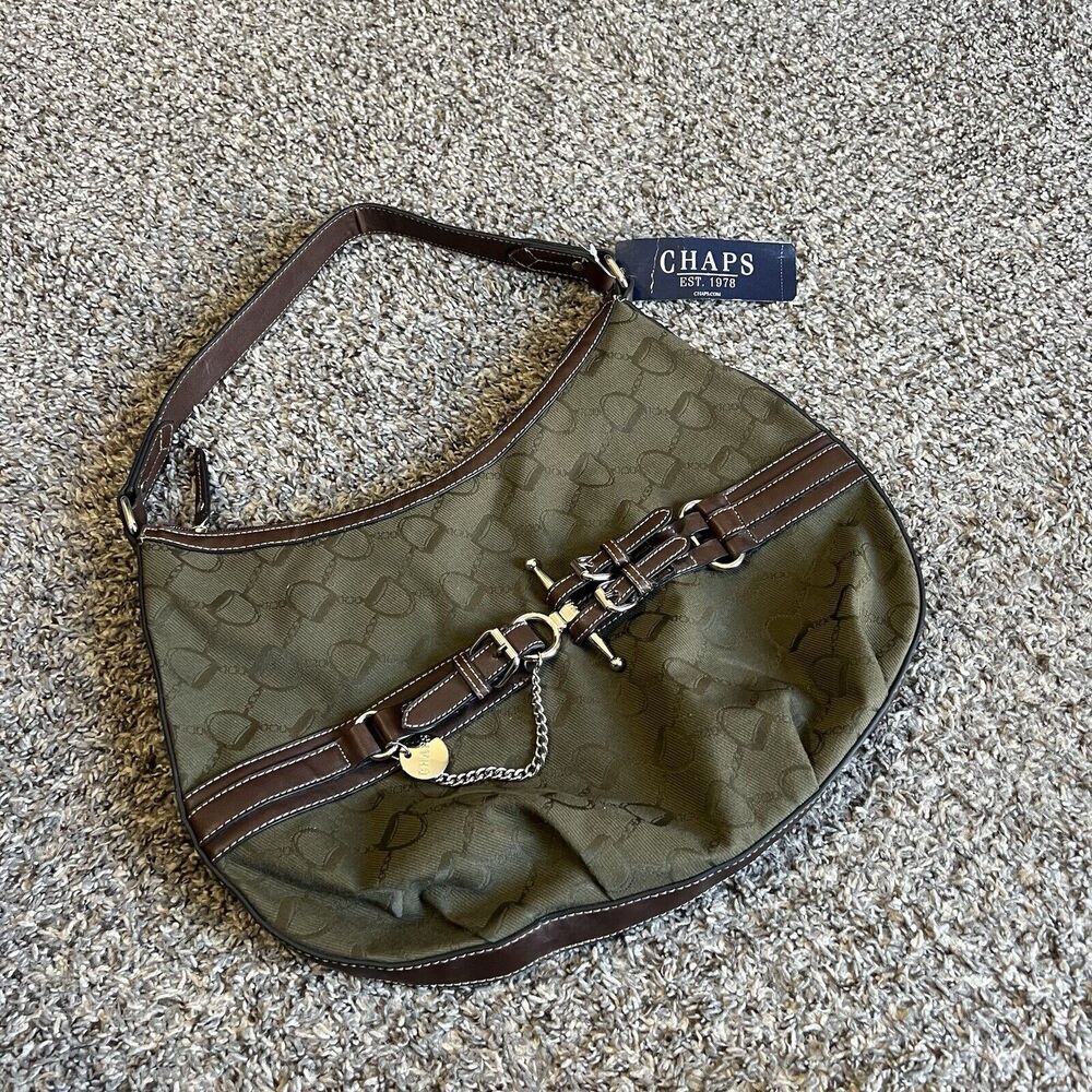 Y2K Chaps Womens Shoulder Bag Green Brown Trim Logo 90s Equestrian New